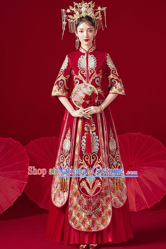 Chinese Traditional Ancient Bride Drilling Peacock Embroidered Costumes Red Xiu He Suit Wedding Blouse and Dress Bottom Drawer for Women