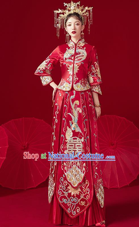 Chinese Traditional Ancient Bride Drilling Phoenix Embroidered Costumes Red Xiu He Suit Wedding Blouse and Dress Bottom Drawer for Women