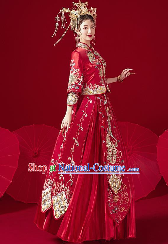 Chinese Traditional Ancient Bride Drilling Phoenix Embroidered Costumes Red Xiu He Suit Wedding Blouse and Dress Bottom Drawer for Women