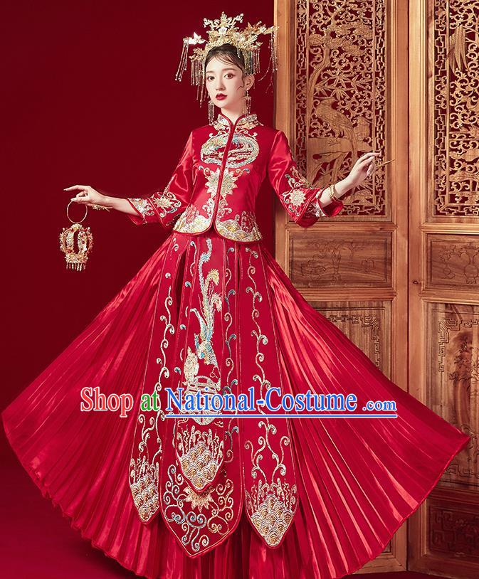 Chinese Traditional Ancient Bride Drilling Phoenix Embroidered Costumes Red Xiu He Suit Wedding Blouse and Dress Bottom Drawer for Women