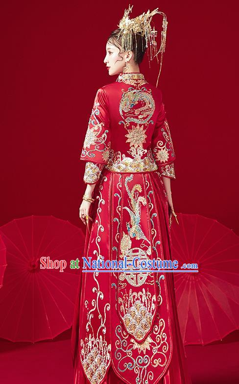 Chinese Traditional Ancient Bride Drilling Phoenix Embroidered Costumes Red Xiu He Suit Wedding Blouse and Dress Bottom Drawer for Women