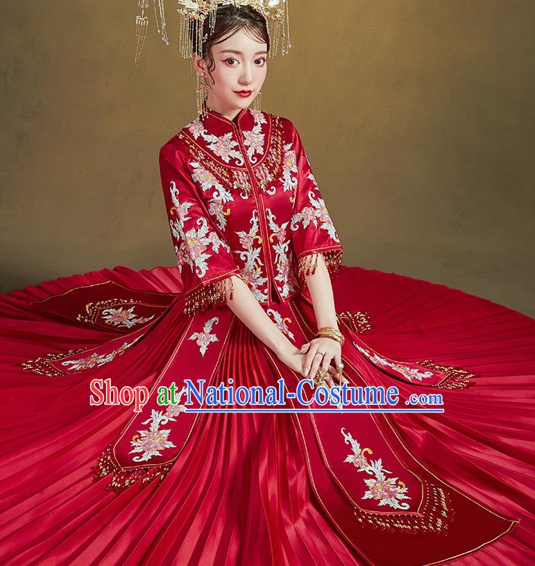 Chinese Ancient Bride Embroidered Drilling Peony Costumes Red Xiu He Suit Wedding Blouse and Dress Traditional Bottom Drawer for Women