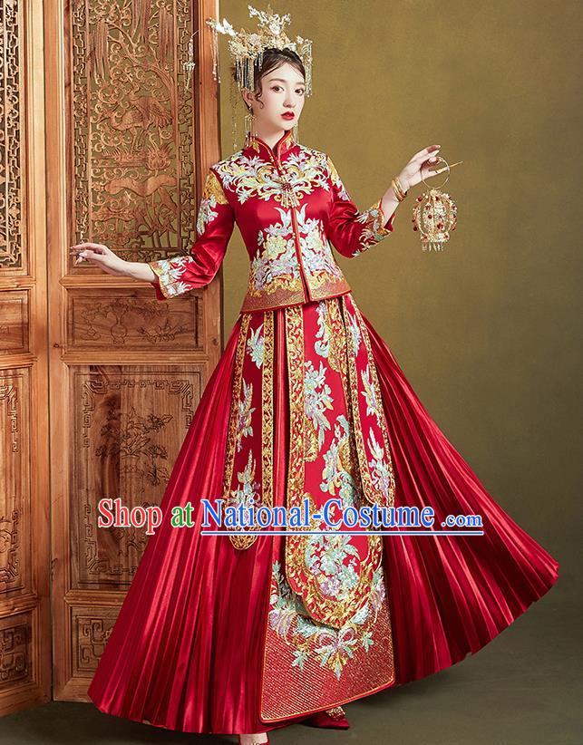 Chinese Ancient Bride Embroidered Drilling Flowers Costumes Red Xiu He Suit Wedding Blouse and Dress Traditional Bottom Drawer for Women