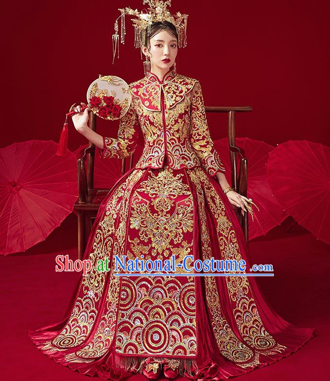 Chinese Ancient Bride Embroidered Drilling Costumes Red Xiu He Suit Wedding Blouse and Dress Traditional Bottom Drawer for Women