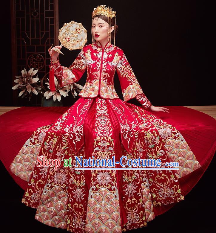 Chinese Ancient Bride Embroidered Costumes Drilling Red Xiu He Suit Wedding Blouse and Dress Traditional Bottom Drawer for Women