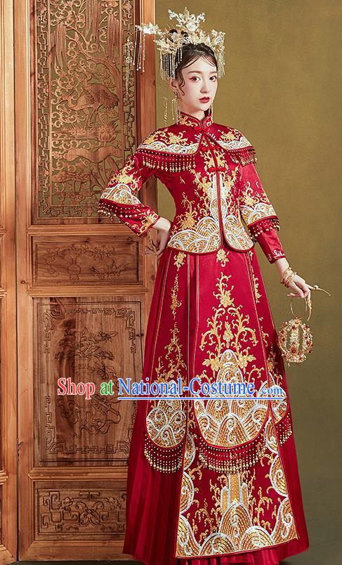 Chinese Ancient Bride Embroidered Costumes Drilling Waves Red Xiu He Suit Wedding Blouse and Dress Traditional Bottom Drawer for Women