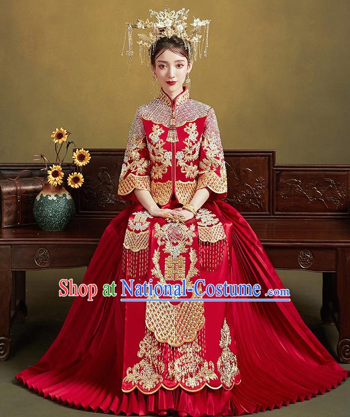 Chinese Ancient Bride Embroidered Costumes Diamante Red Xiu He Suit Wedding Blouse and Dress Traditional Bottom Drawer for Women