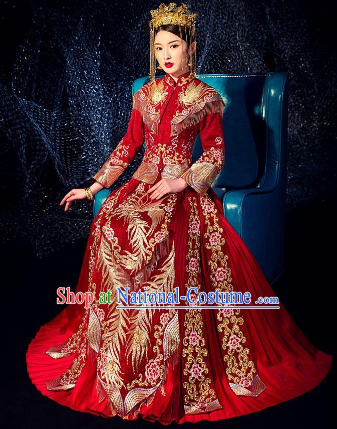 Chinese Ancient Bride Embroidered Phoenix Peony Costumes Diamante Red Xiu He Suit Wedding Blouse and Dress Traditional Bottom Drawer for Women