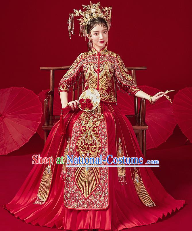 Chinese Traditional Ancient Bride Golden Drilling Embroidered Costumes Red Xiu He Suit Wedding Blouse and Dress Bottom Drawer for Women