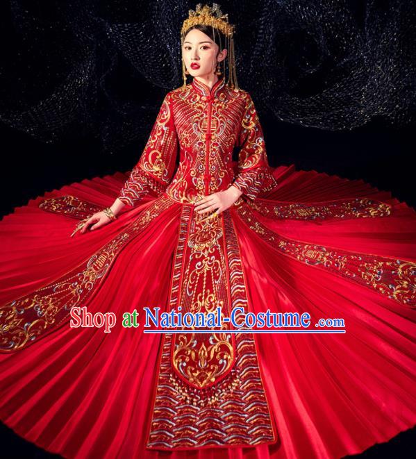 Chinese Ancient Bride Embroidered Beads Costumes Diamante Red Xiu He Suit Wedding Blouse and Dress Traditional Bottom Drawer for Women