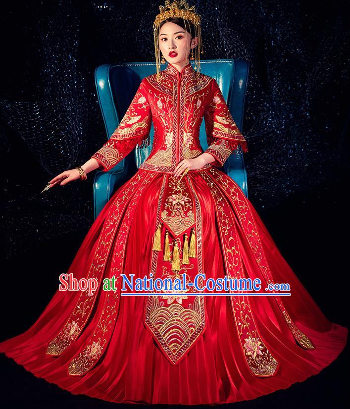 Chinese Ancient Bride Embroidered Lotus Costumes Diamante Red Xiu He Suit Wedding Blouse and Dress Traditional Bottom Drawer for Women