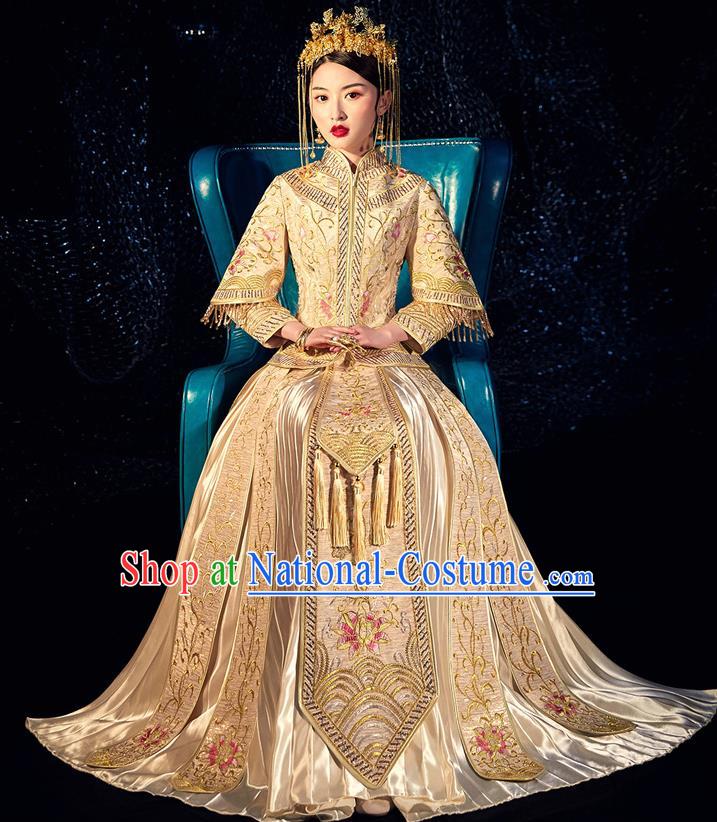 Chinese Ancient Bride Embroidered Lotus Costumes Diamante Golden Xiu He Suit Wedding Blouse and Dress Traditional Bottom Drawer for Women