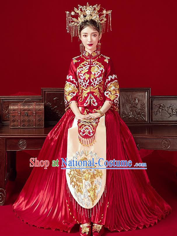 Chinese Traditional Ancient Bride Embroidered Costumes Red Xiu He Suit Wedding Blouse and Dress Bottom Drawer for Women