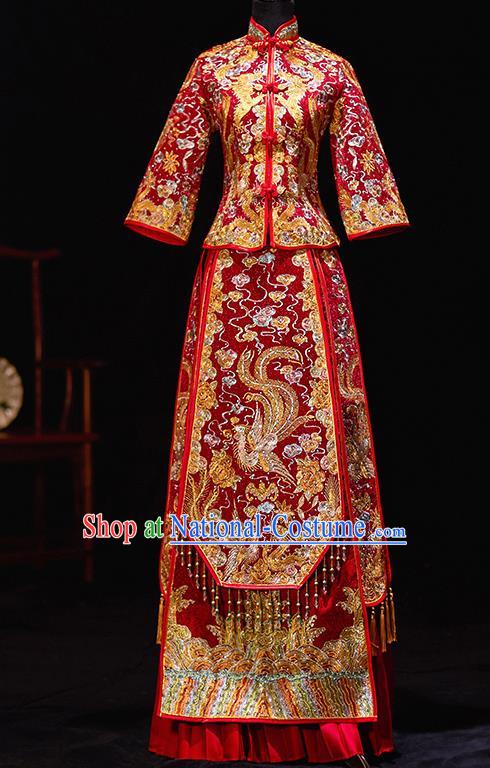 Chinese Ancient Bride Embroidered Phoenix Costumes Diamante Xiu He Suit Wedding Blouse and Dress Traditional Bottom Drawer for Women