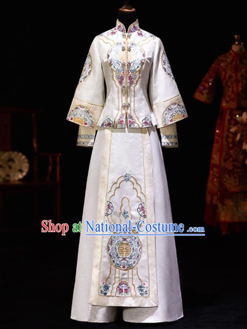 Chinese Ancient Bride Embroidered White Costumes Diamante Xiu He Suit Wedding Blouse and Dress Traditional Bottom Drawer for Women