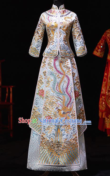 Chinese Ancient Bride Embroidered Blue Costumes Diamante Xiu He Suit Wedding Blouse and Dress Traditional Bottom Drawer for Women