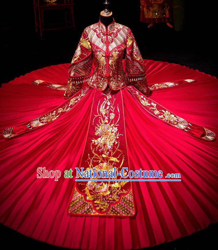 Chinese Ancient Bride Embroidered Costumes Diamante Peony Red Xiu He Suit Wedding Blouse and Dress Traditional Bottom Drawer for Women