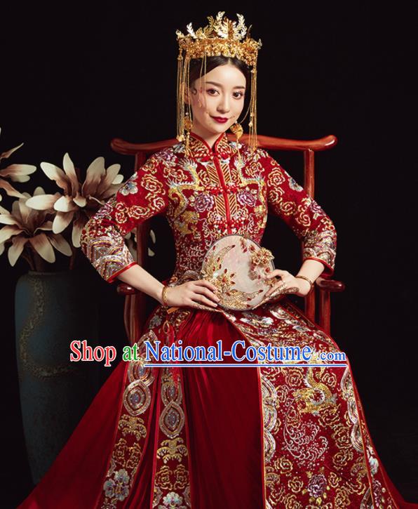 Chinese Ancient Bride Embroidered Costumes Diamante Dragon Red Xiu He Suit Wedding Blouse and Dress Traditional Bottom Drawer for Women