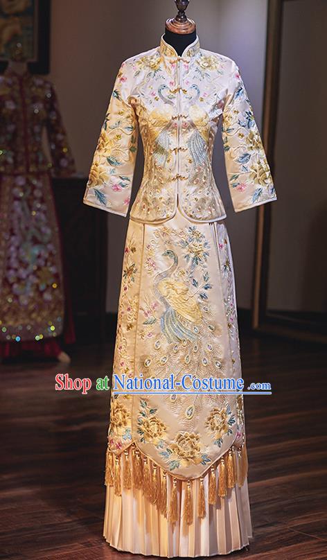 Chinese Ancient Bride Embroidered Peacock White Costumes Diamante Xiu He Suit Wedding Blouse and Dress Traditional Bottom Drawer for Women