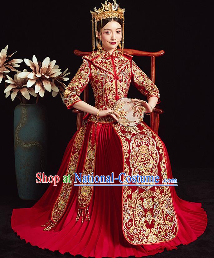 Chinese Ancient Bride Embroidered Peony Red Costumes Diamante Xiu He Suit Wedding Blouse and Dress Traditional Bottom Drawer for Women