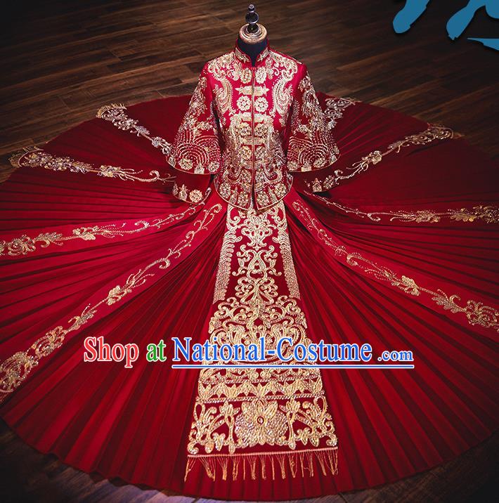 Chinese Ancient Bride Embroidered Red Costumes Diamante Xiu He Suit Wedding Blouse and Dress Traditional Bottom Drawer for Women