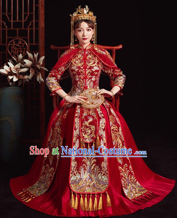 Chinese Ancient Bride Embroidered Dragon Red Costumes Diamante Xiu He Suit Wedding Blouse and Dress Traditional Bottom Drawer for Women