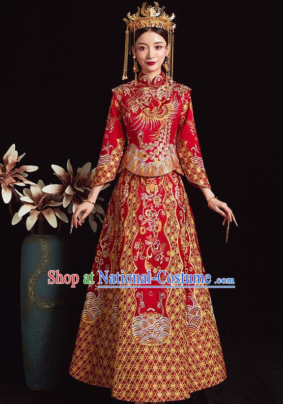 Chinese Ancient Bride Embroidered Phoenix Red Costumes Xiu He Suit Wedding Blouse and Dress Traditional Bottom Drawer for Women