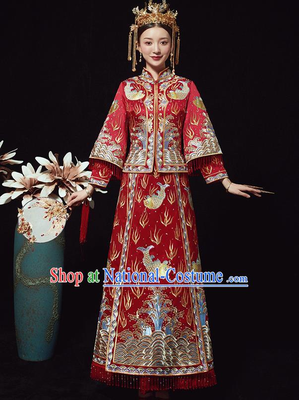 Chinese Ancient Bride Embroidered Carps Red Costumes Xiu He Suit Wedding Blouse and Dress Traditional Bottom Drawer for Women