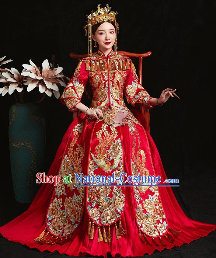 Chinese Ancient Bride Embroidered Phoenix Peony Red Costumes Xiu He Suit Wedding Blouse and Dress Traditional Bottom Drawer for Women