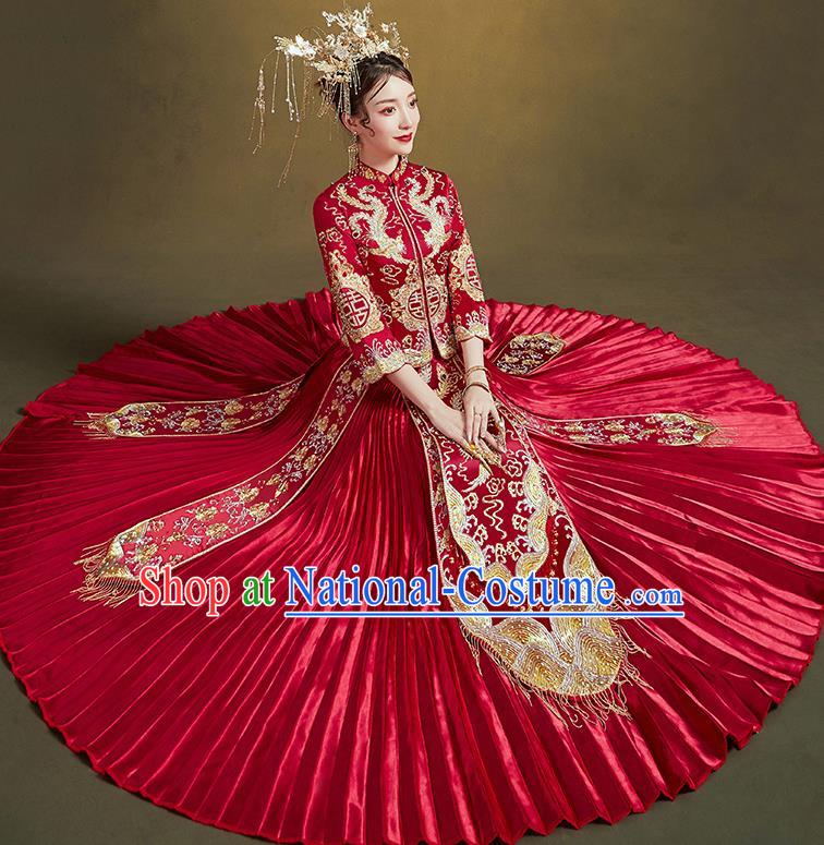 Chinese Traditional Ancient Bride Embroidered Costumes Drilling Phoenix Red Xiu He Suit Wedding Blouse and Dress Bottom Drawer for Women