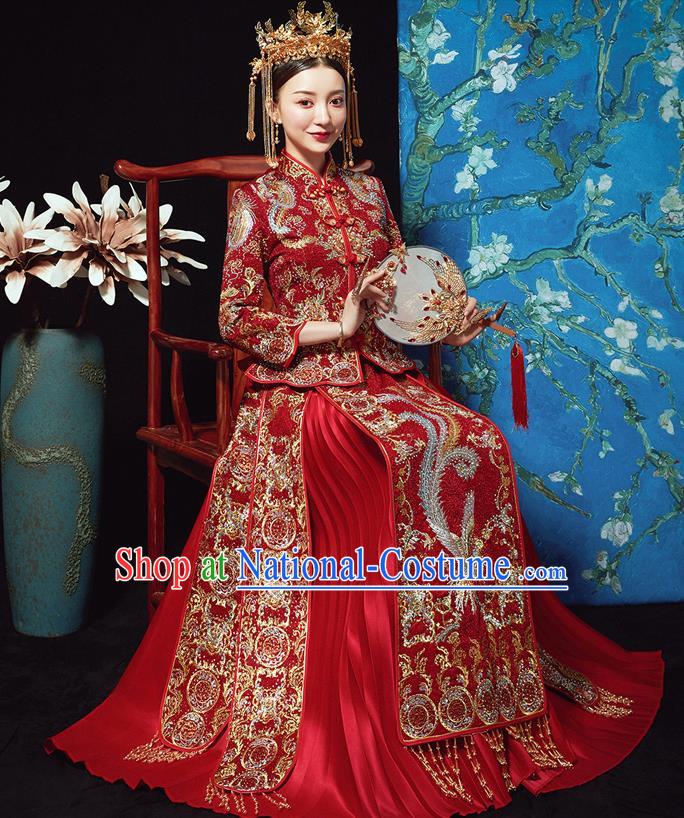 Chinese Ancient Bride Embroidered Diamante Phoenix Red Costumes Xiu He Suit Wedding Blouse and Dress Traditional Bottom Drawer for Women