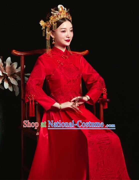 Chinese Ancient Bride Embroidered Red Costumes Xiu He Suit Wedding Blouse and Dress Traditional Bottom Drawer for Women