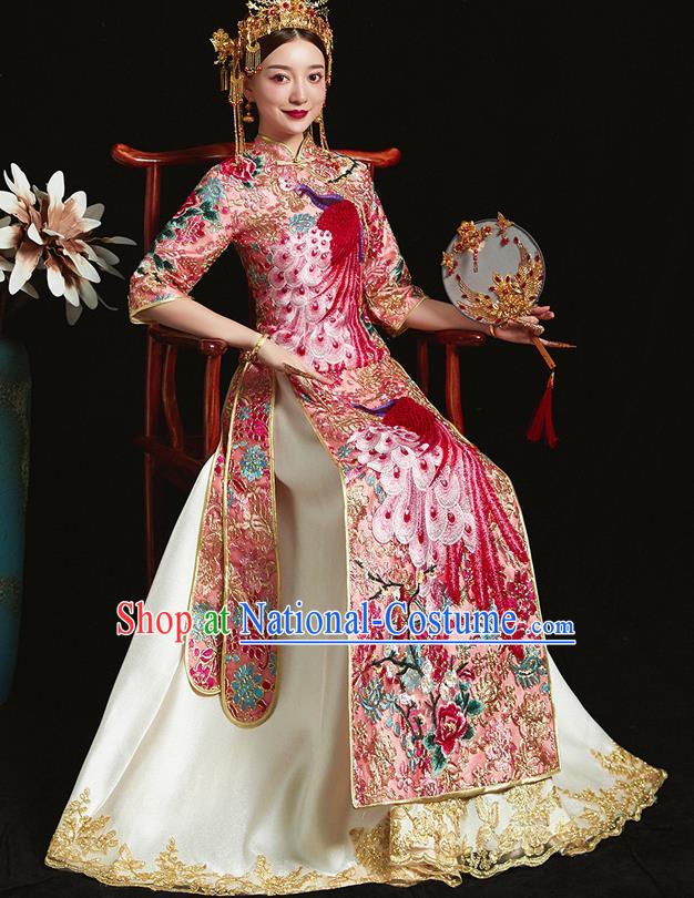 Chinese Ancient Bride Embroidered Peacock Pink Costumes Xiu He Suit Wedding Blouse and Dress Traditional Bottom Drawer for Women