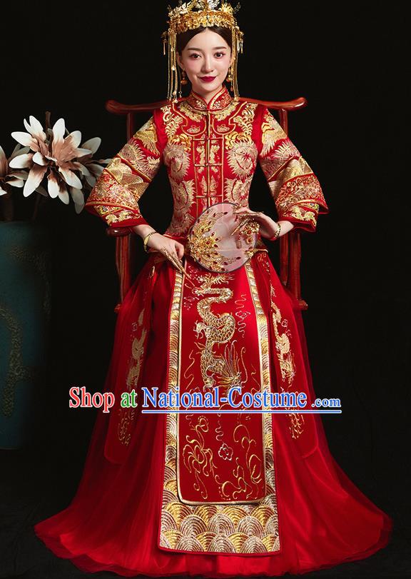 Chinese Ancient Bride Embroidered Dragon Red Xiu He Suit Wedding Costumes Blouse and Dress Traditional Bottom Drawer for Women