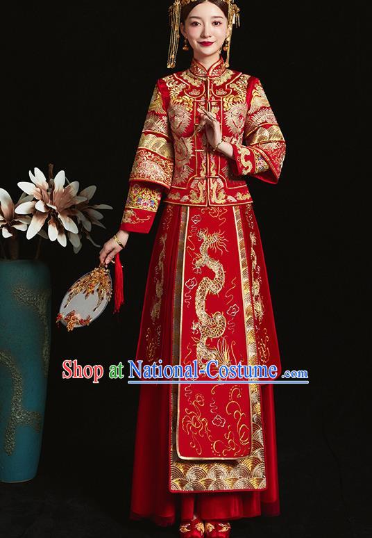 Chinese Ancient Bride Embroidered Dragon Red Xiu He Suit Wedding Costumes Blouse and Dress Traditional Bottom Drawer for Women