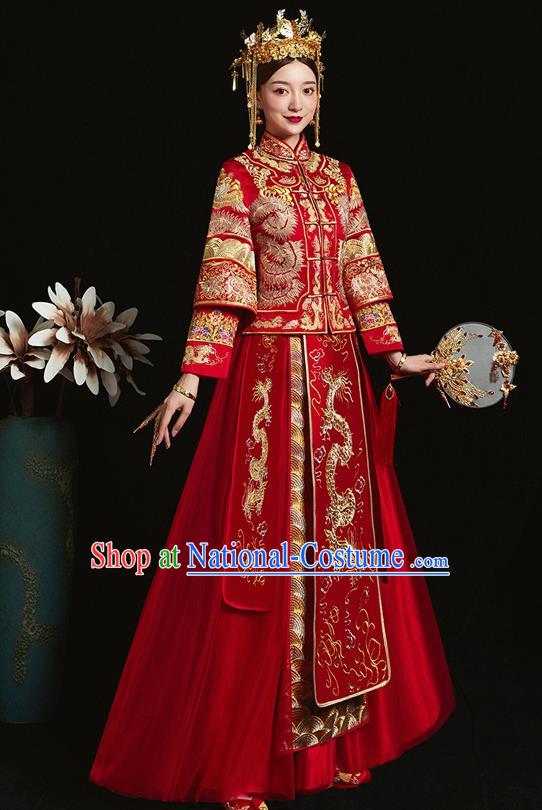 Chinese Ancient Bride Embroidered Dragon Red Xiu He Suit Wedding Costumes Blouse and Dress Traditional Bottom Drawer for Women