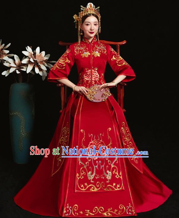 Chinese Ancient Bride Embroidered Peony Red Xiu He Suit Wedding Costumes Blouse and Dress Traditional Bottom Drawer for Women