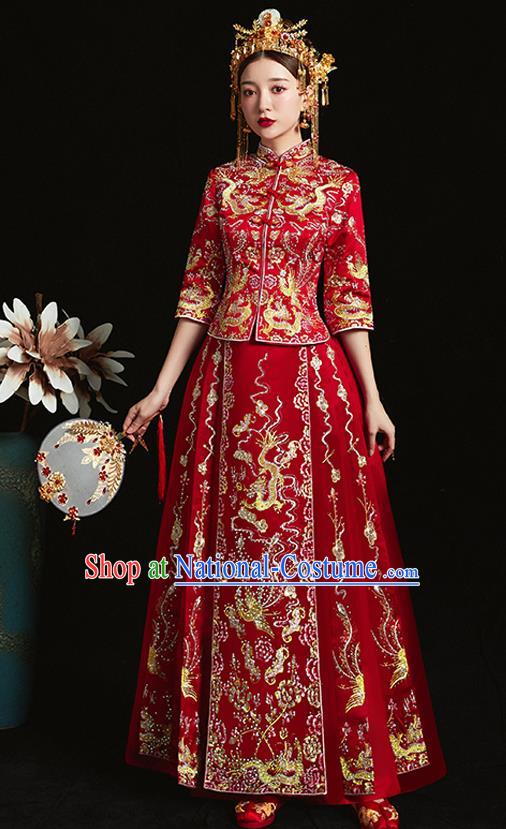 Chinese Ancient Bride Embroidered Dragon Phoenix Red Xiu He Suit Wedding Costumes Blouse and Dress Traditional Bottom Drawer for Women