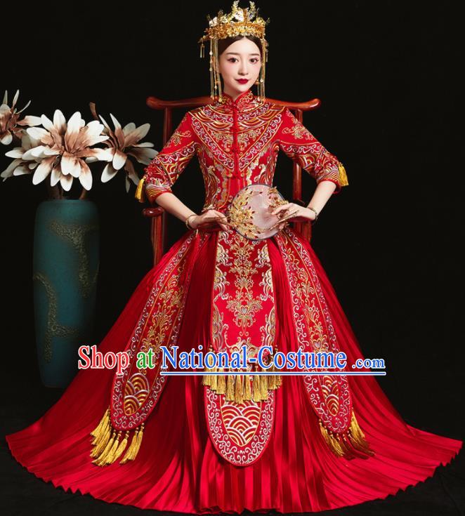 Chinese Ancient Bride Embroidered Red Xiu He Suit Wedding Costumes Blouse and Dress Traditional Bottom Drawer for Women