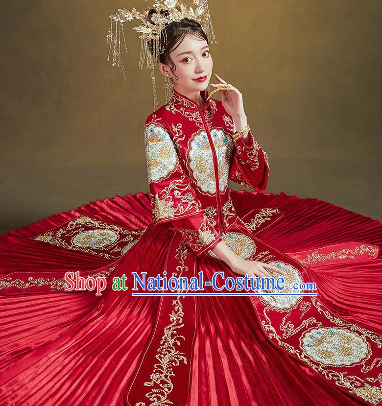 Chinese Traditional Ancient Bride Embroidered Costumes Drilling Mandarin Duck Red Xiu He Suit Wedding Blouse and Dress Bottom Drawer for Women