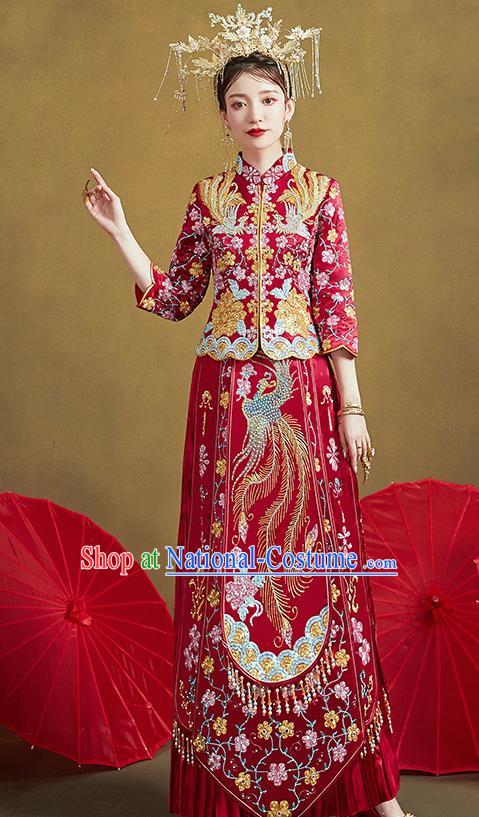 Chinese Traditional Ancient Bride Embroidered Costumes Drilling Phoenix Peony Red Xiu He Suit Wedding Blouse and Dress Bottom Drawer for Women