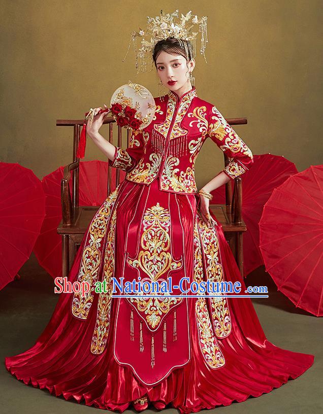 Chinese Ancient Bride Embroidered Costumes Drilling Red Xiu He Suit Wedding Blouse and Dress Traditional Bottom Drawer for Women