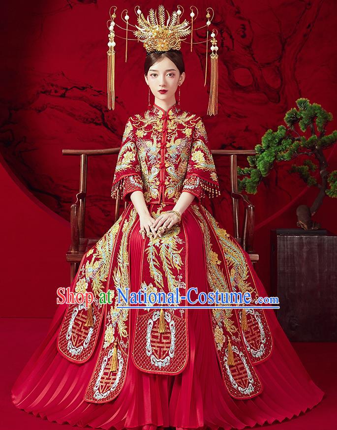 Chinese Ancient Embroidered Drilling Phoenix Blouse and Dress Traditional Bride Red Xiu He Suit Wedding Costumes for Women