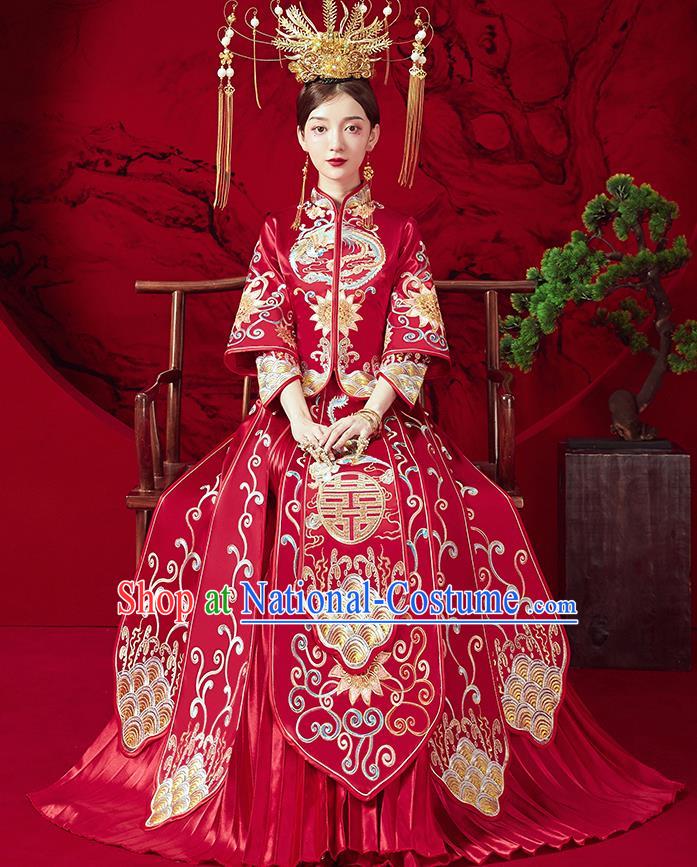 Chinese Ancient Embroidered Phoenix Lotus Blouse and Dress Traditional Bride Red Xiu He Suit Wedding Costumes for Women