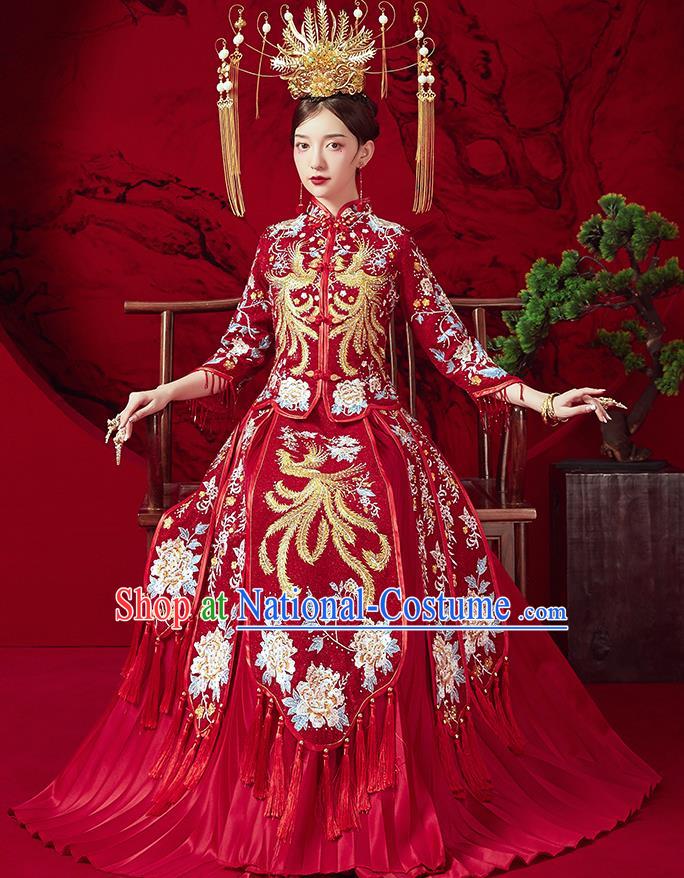 Chinese Ancient Embroidered Phoenix Peony Blouse and Dress Traditional Bride Red Xiu He Suit Wedding Costumes for Women