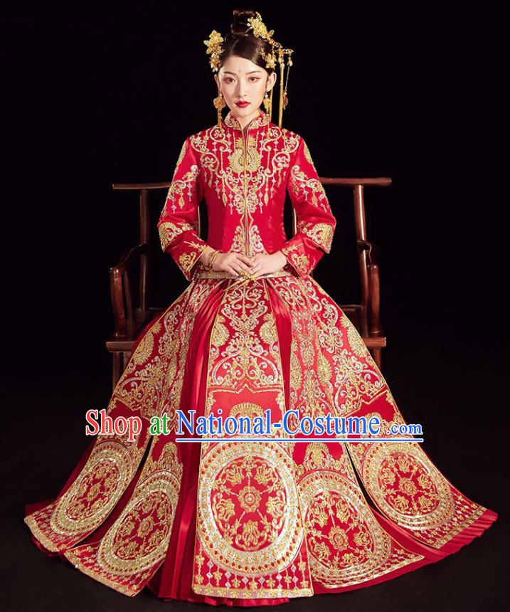 Chinese Ancient Embroidered Drilling Blouse and Dress Traditional Bride Red Xiu He Suit Wedding Costumes for Women