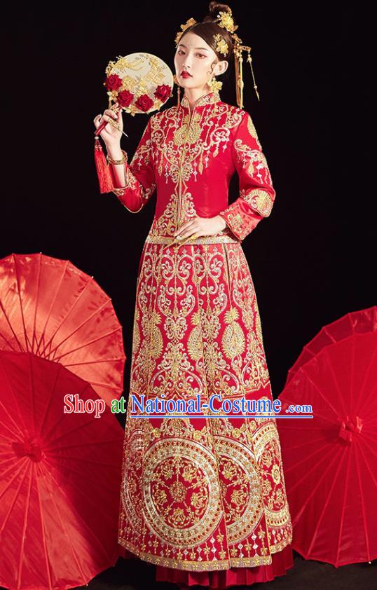 Chinese Ancient Embroidered Drilling Blouse and Dress Traditional Bride Red Xiu He Suit Wedding Costumes for Women