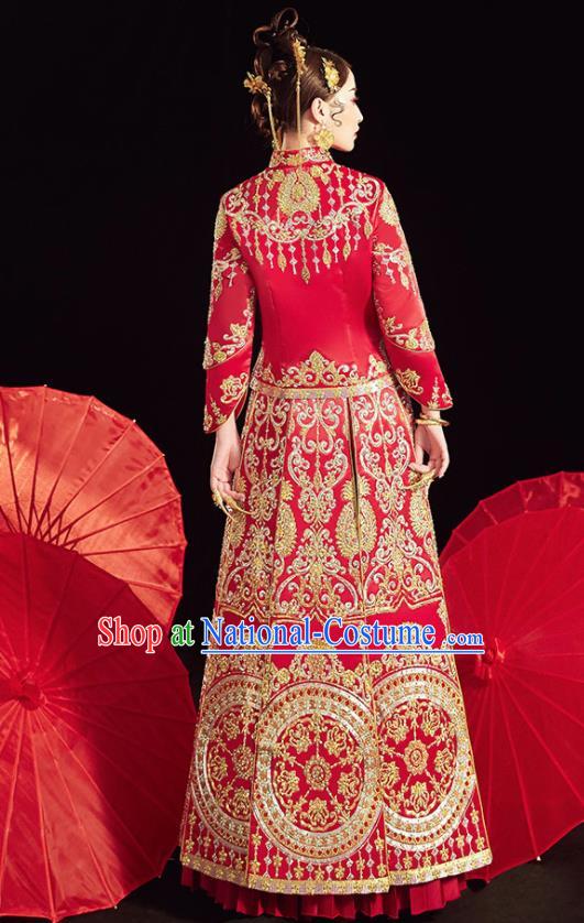 Chinese Ancient Embroidered Drilling Blouse and Dress Traditional Bride Red Xiu He Suit Wedding Costumes for Women