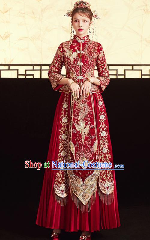 Chinese Ancient Embroidered Phoenix Drilling Blouse and Dress Traditional Bride Red Xiu He Suit Wedding Costumes for Women