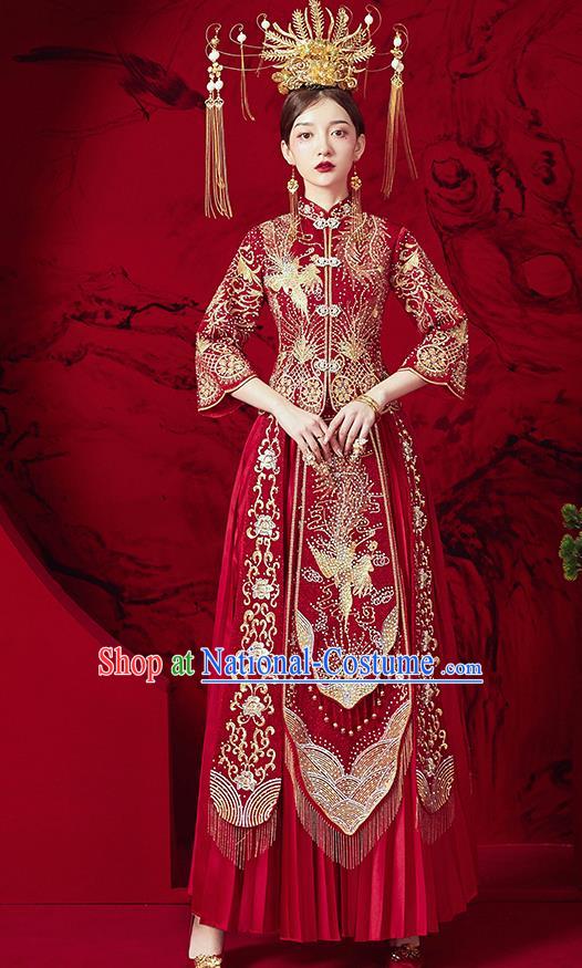 Chinese Ancient Embroidered Phoenix Blouse and Dress Traditional Bride Red Drilling Xiu He Suit Wedding Costumes for Women